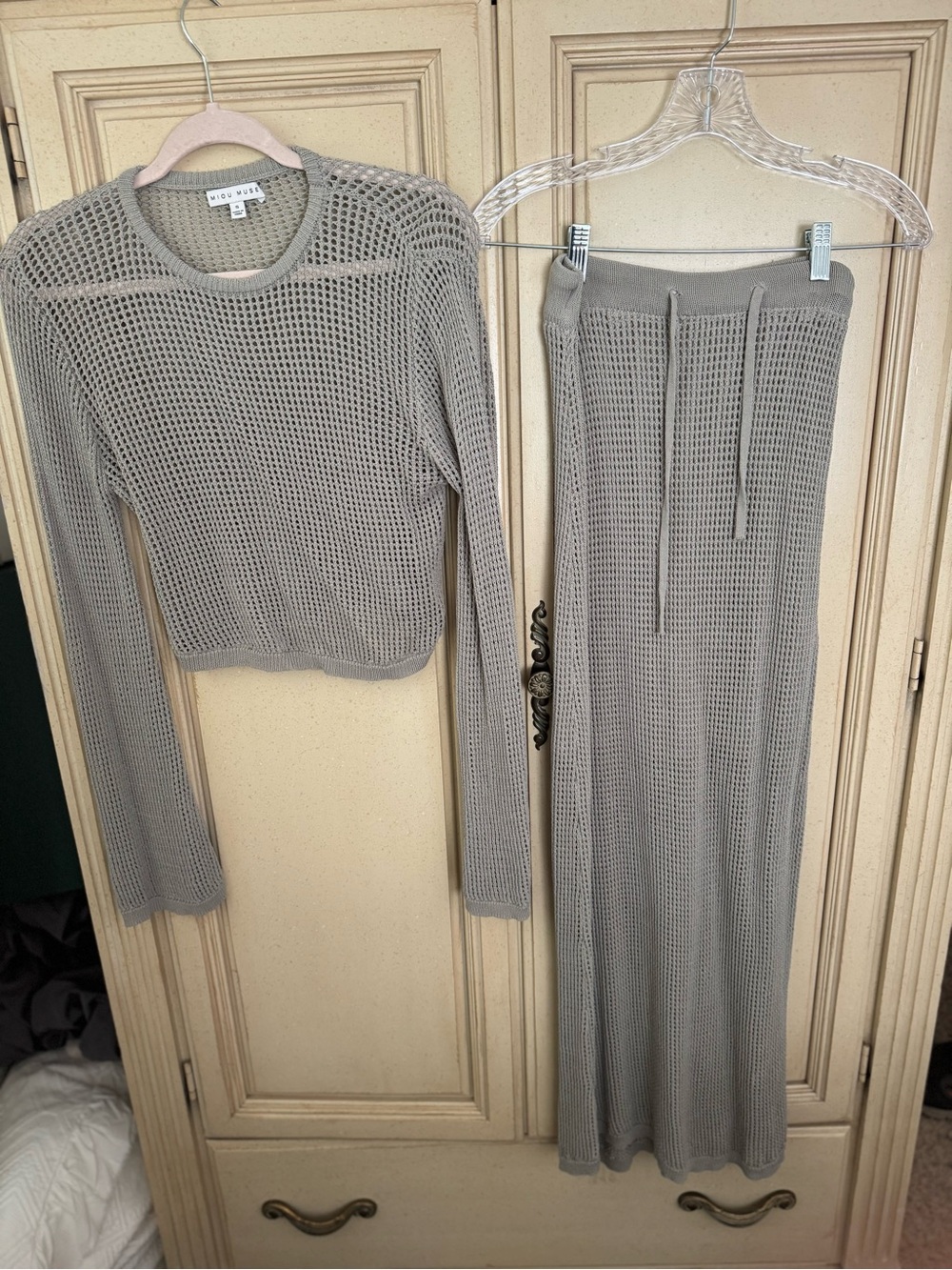Aqua Mesh Knit Two-Piece Set in Light Gray
